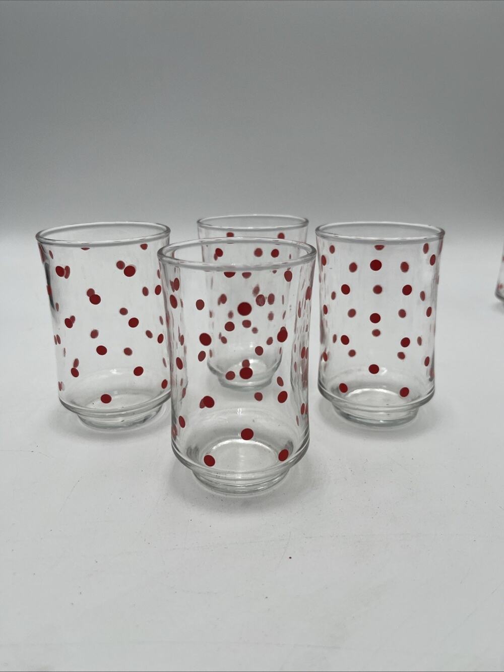 4 Rare Vintage Libbey Red Polka dot small Juice 8 oz Glasses Tumblers Set